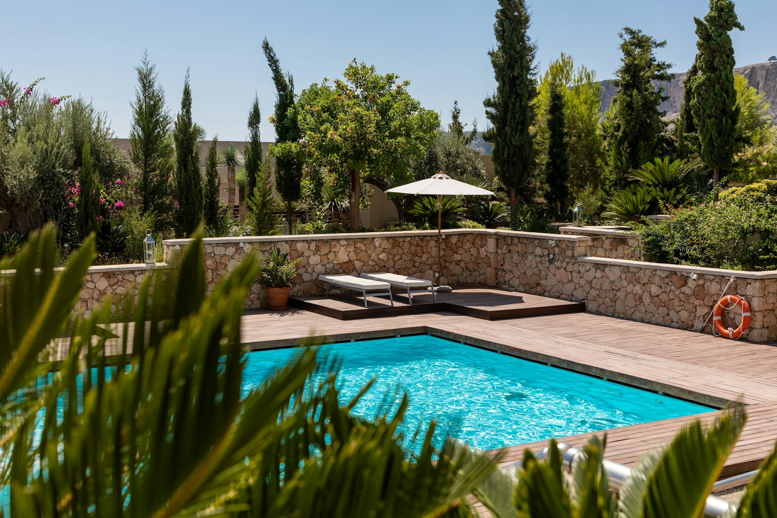 Resort swimming pool with lounge chairs